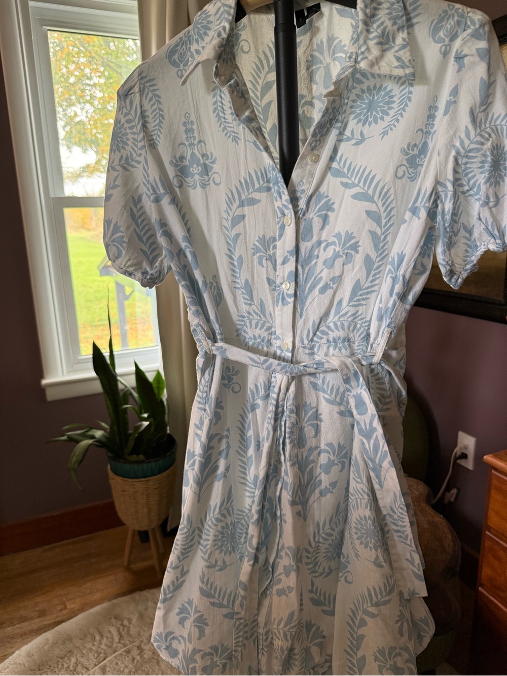 Vero Moda Pale Blue Floral Button-Front Shirt Dress with Tie Waist